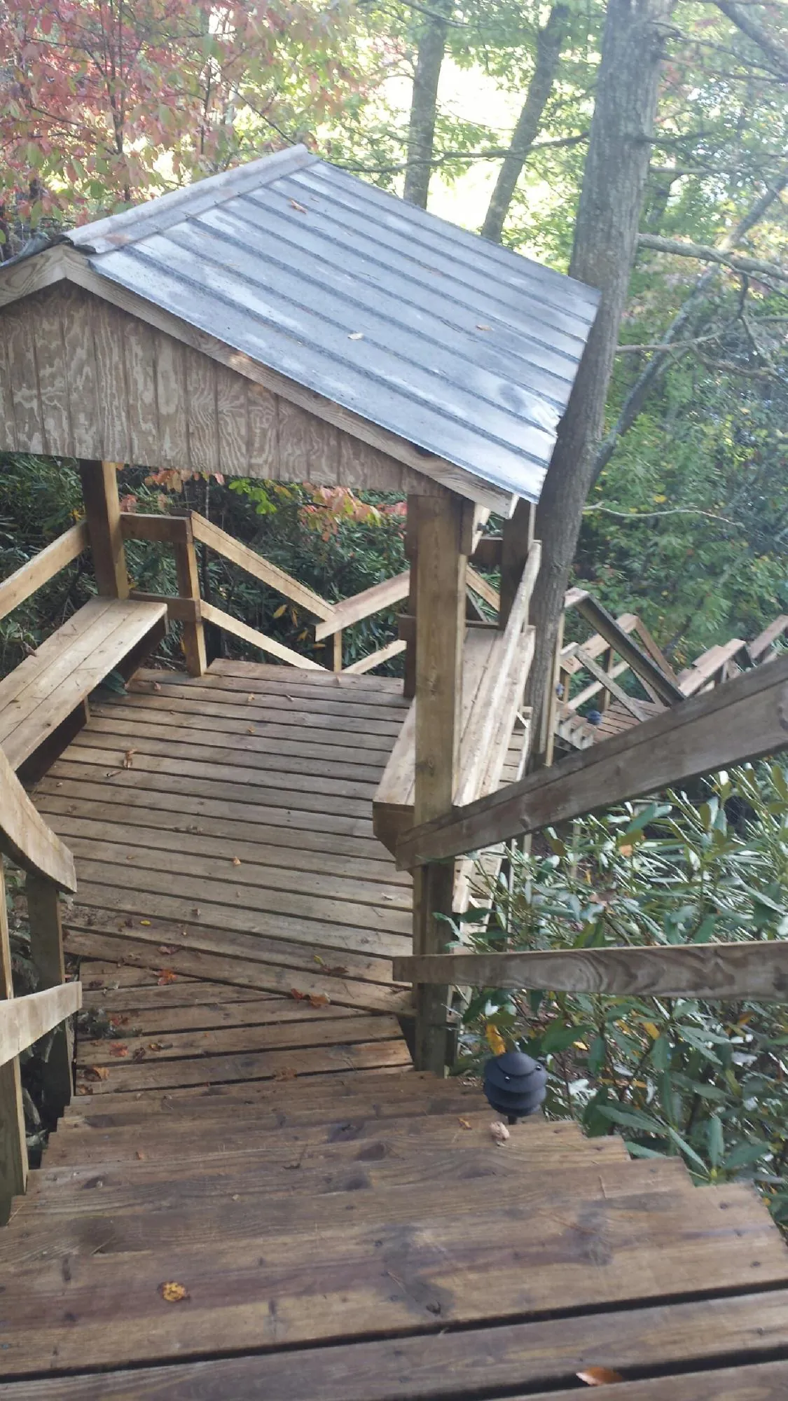 Metal roofed shelter over wooden steps on a wooded walkway — Skylight Repair & Installation work by our crew in Mount Orab